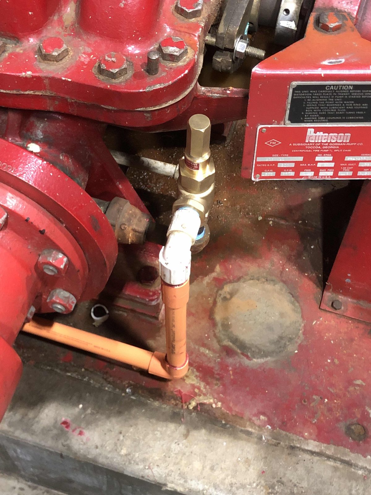 Patterson centrifugal fire pump nameplate and piping detail