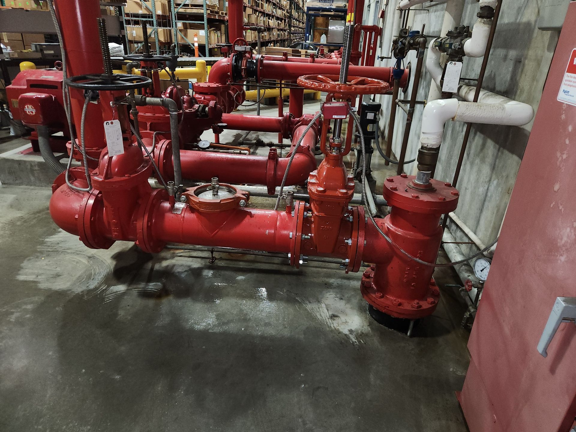 Commercial fire-sprinkler riser in a mechanical room
